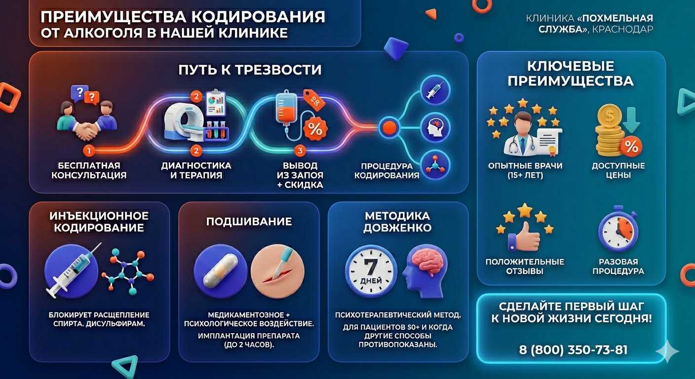 Инфографика о методах кодирования от алкоголя в Газимурском Заводе: инъекции, подшивание, метод Довженко. Преимущества клиники и этапы лечения.